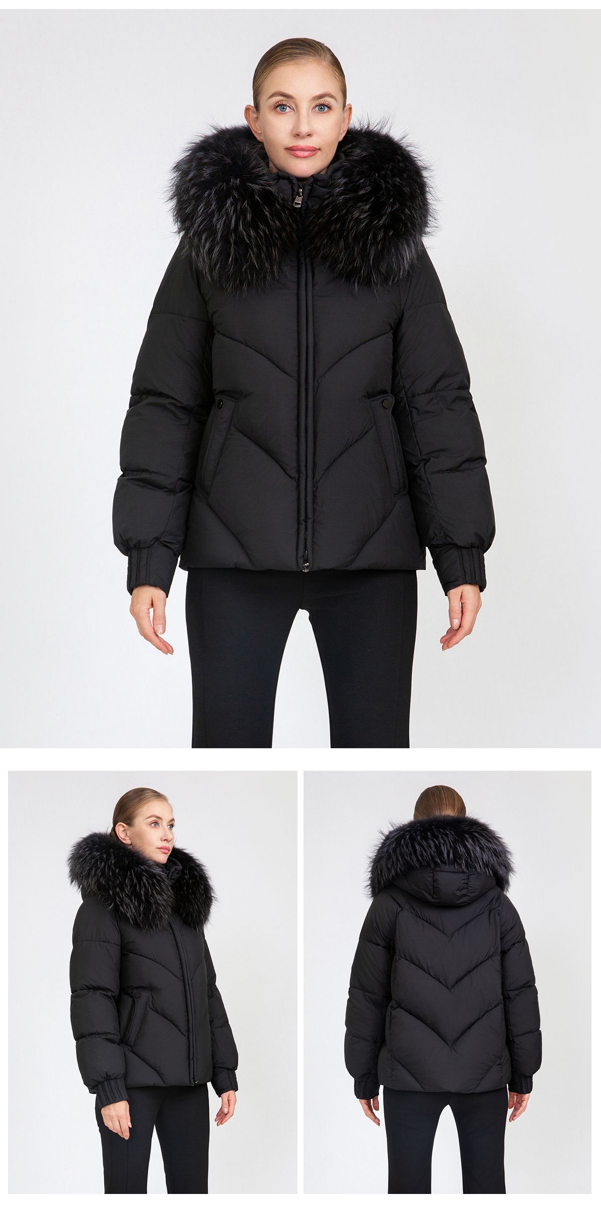 Women's Chevron-Quilted Short Padded Jacket with Removable Fur Collar