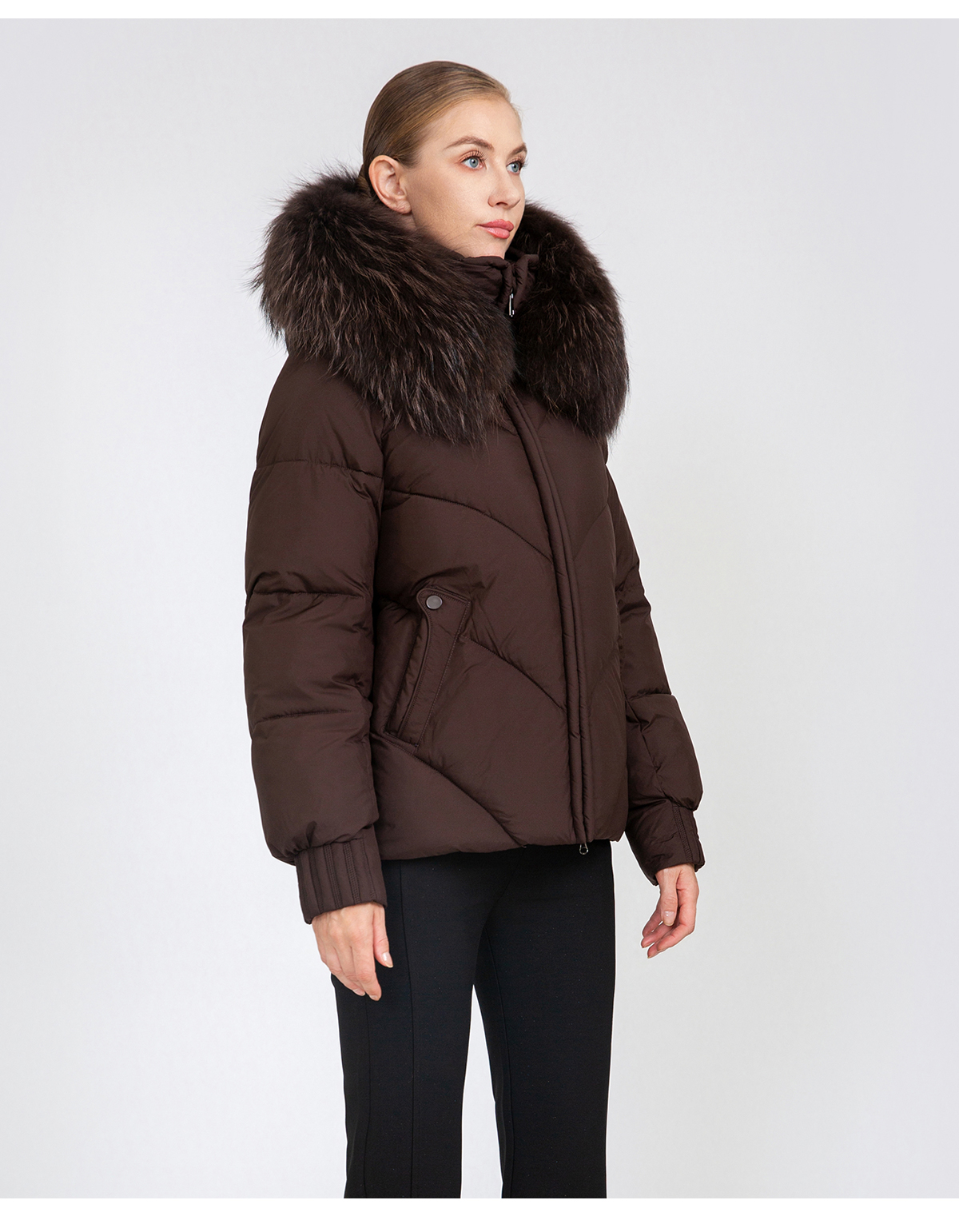 Women's Chevron-Quilted Short Padded Jacket with Removable Fur Collar