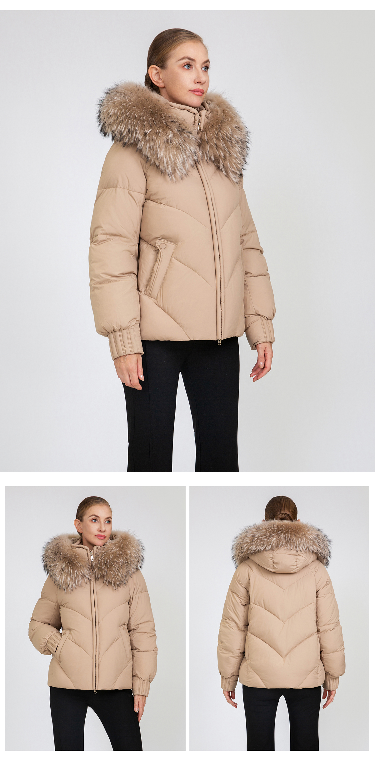 Women's Chevron-Quilted Short Padded Jacket with Removable Fur Collar