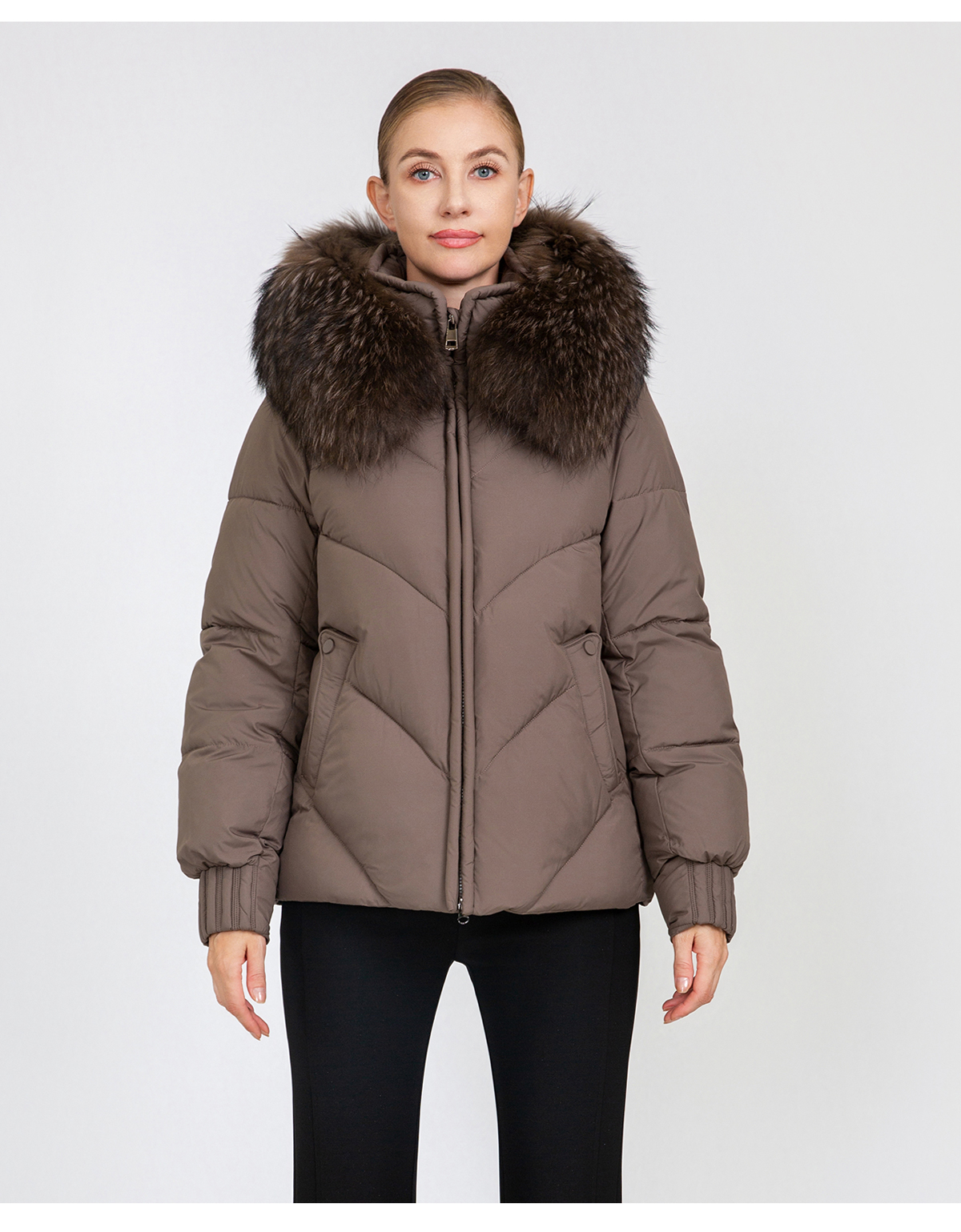 Women's Chevron-Quilted Short Padded Jacket with Removable Fur Collar