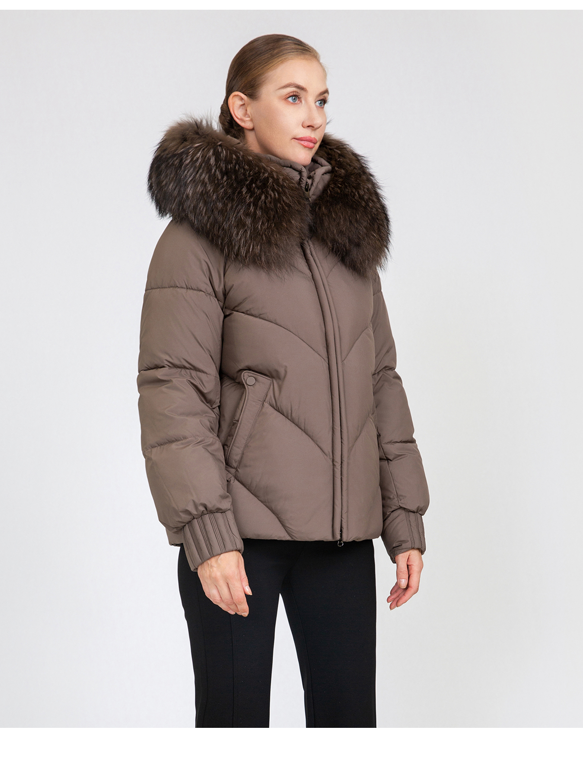 Women's Chevron-Quilted Short Padded Jacket with Removable Fur Collar
