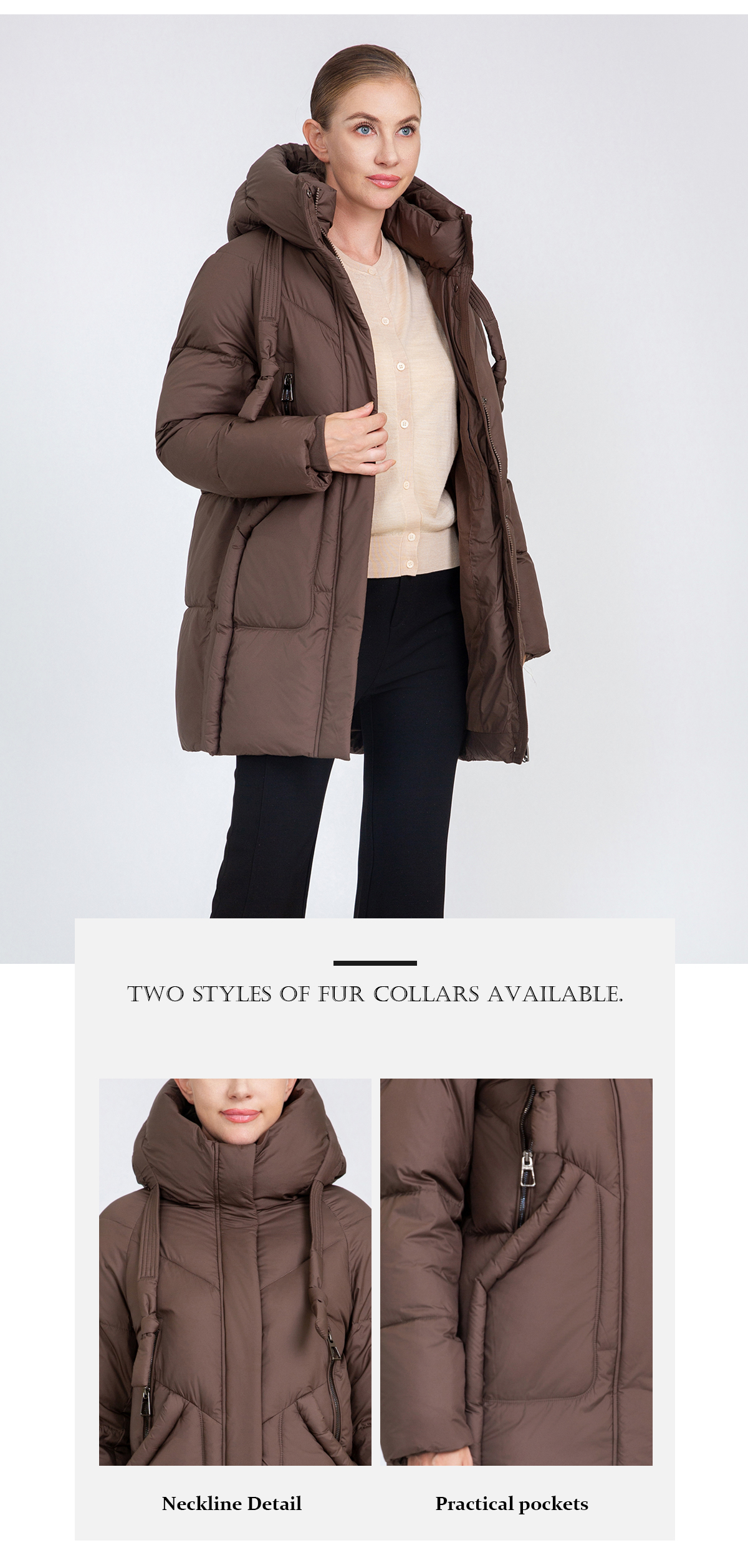 Women's Mid-Length Puffer Coat with Hood Drawstrings