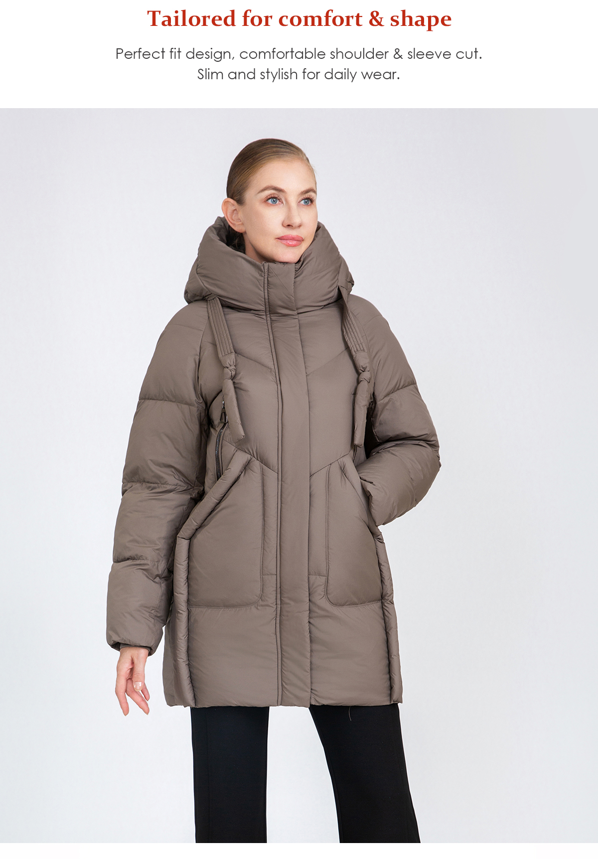 Women's Mid-Length Puffer Coat with Hood Drawstrings