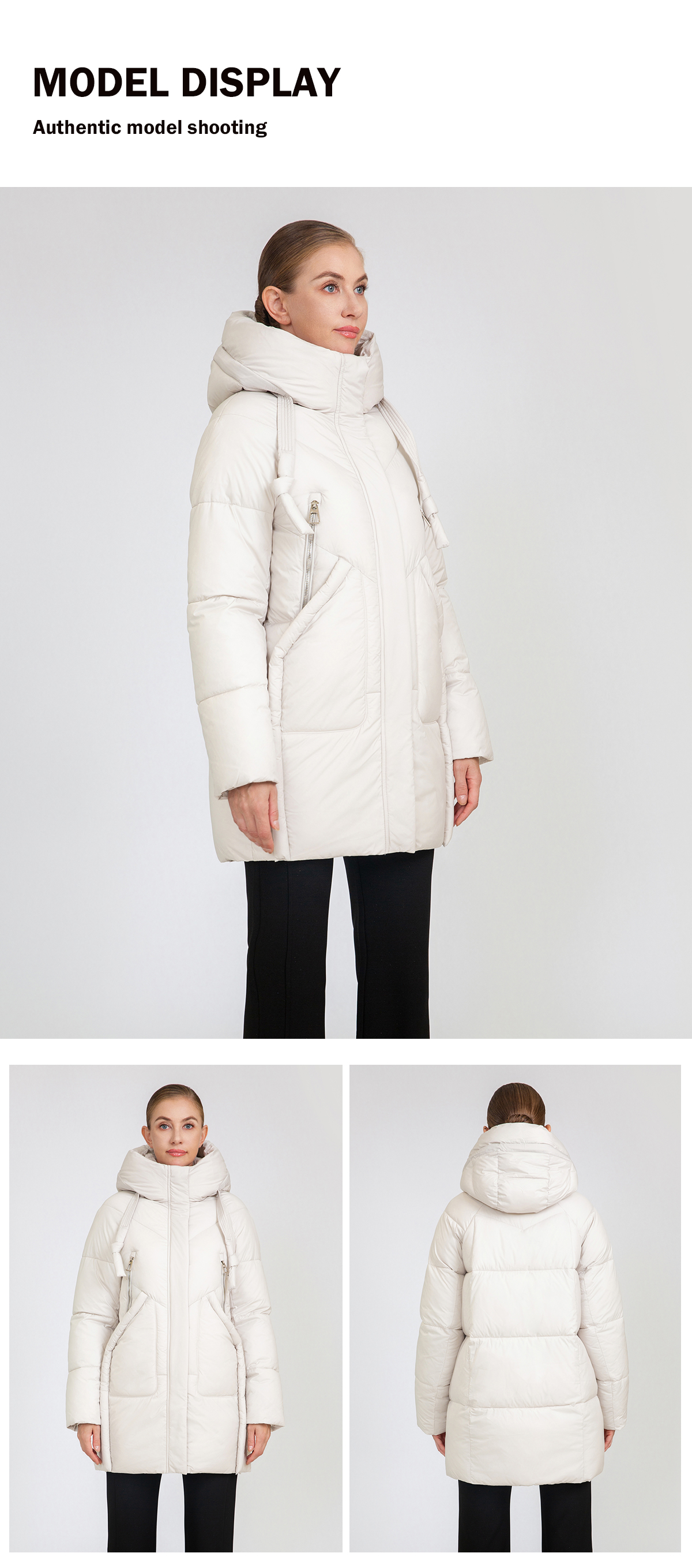 Women's Mid-Length Puffer Coat with Hood Drawstrings