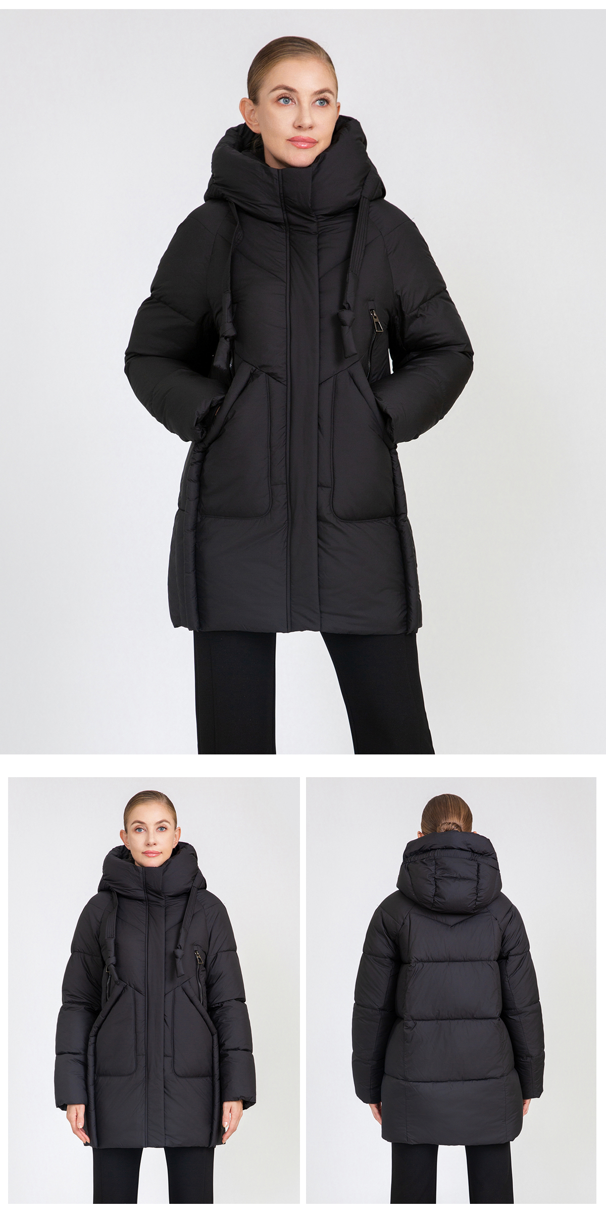 Women's Mid-Length Puffer Coat with Hood Drawstrings