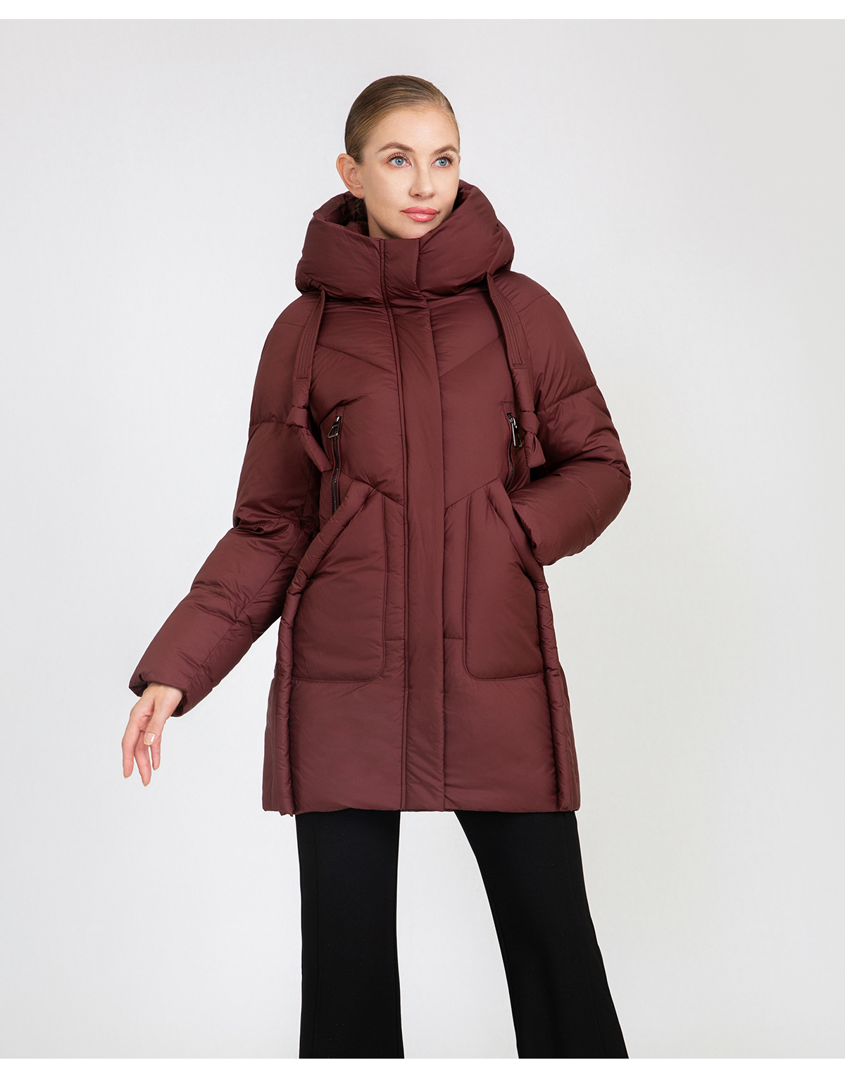 Women's Mid-Length Puffer Coat with Hood Drawstrings