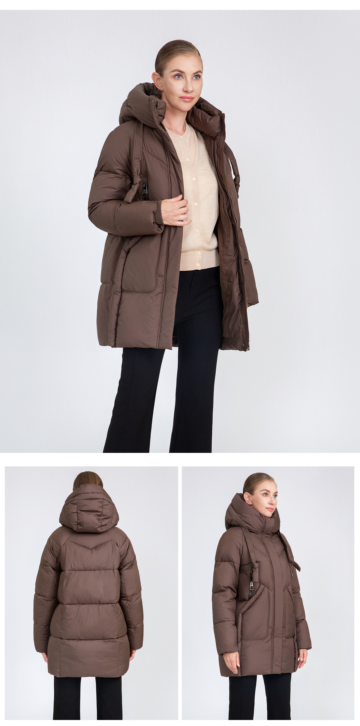 Women's Mid-Length Puffer Coat with Hood Drawstrings
