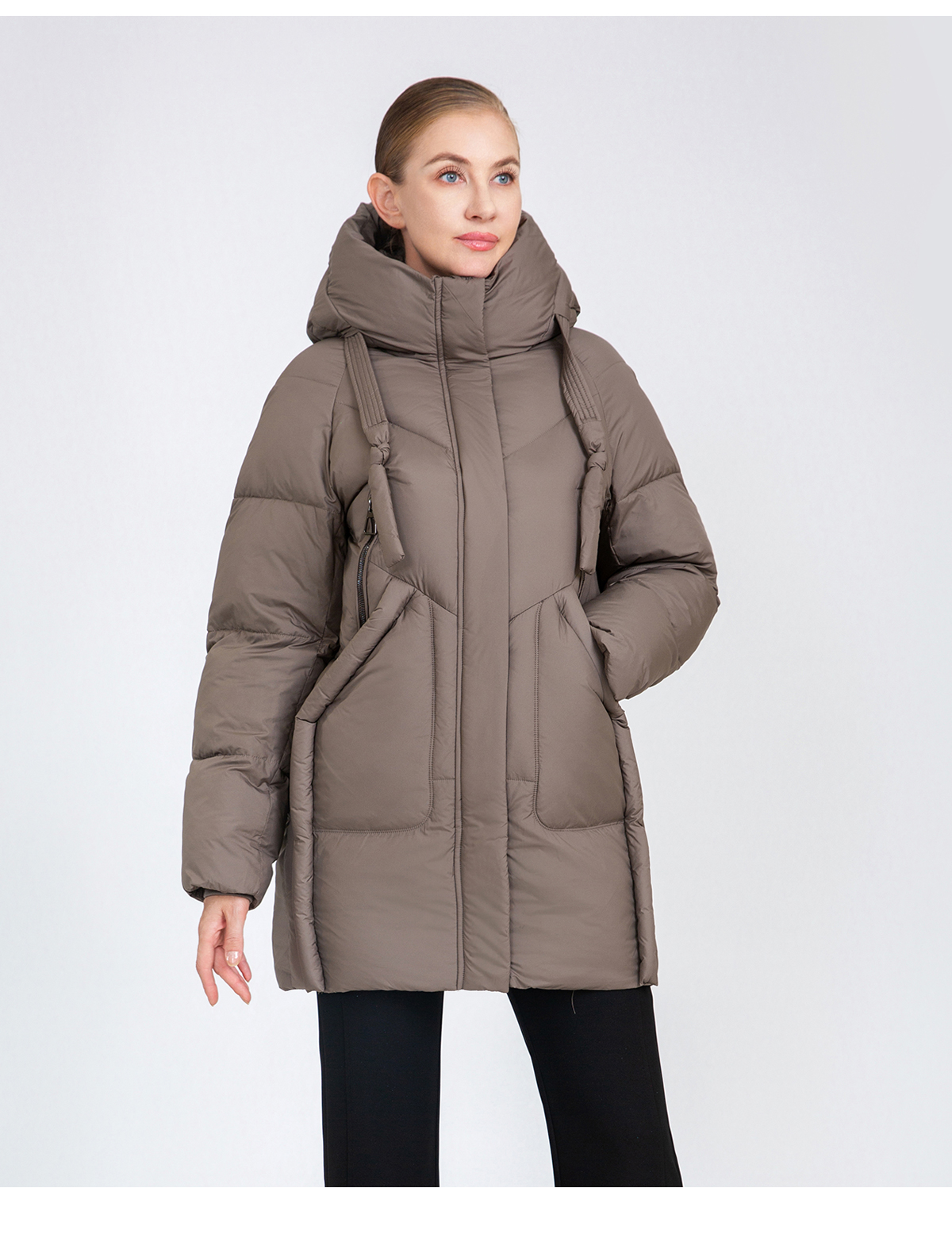 Women's Mid-Length Puffer Coat with Hood Drawstrings