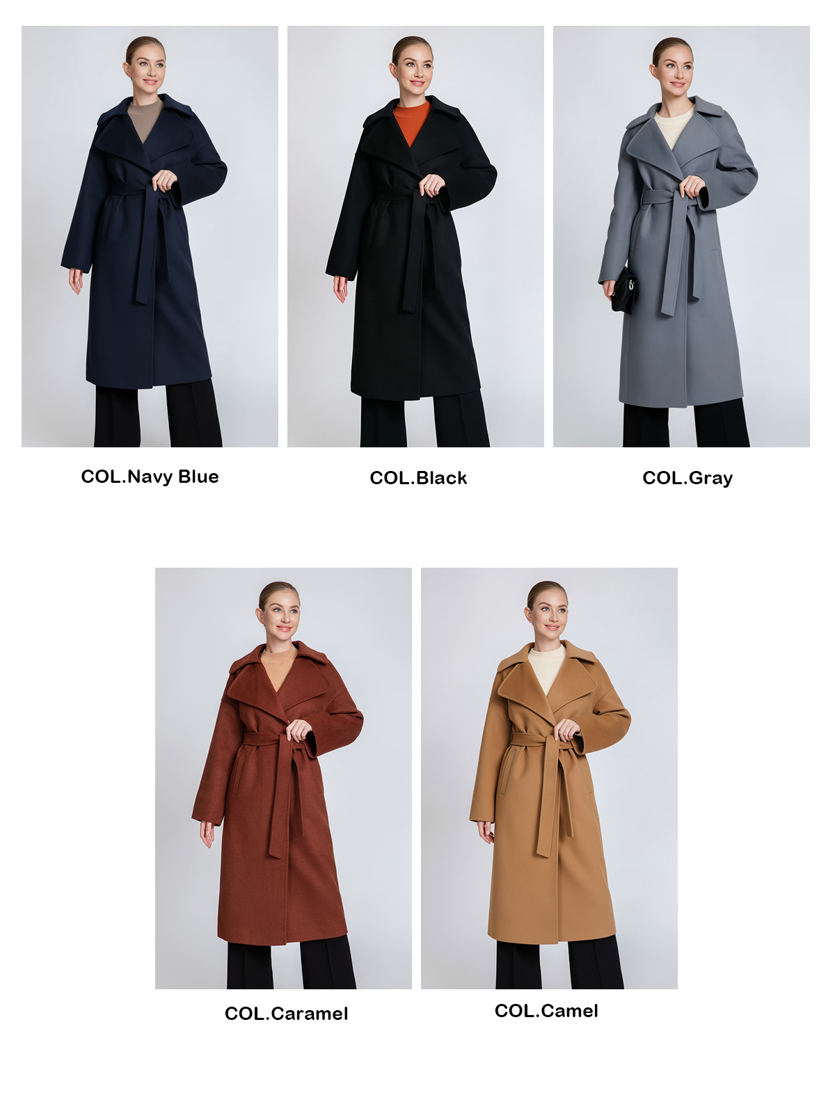 Women's Belted Long Cashmere Coat with Lapel Collar