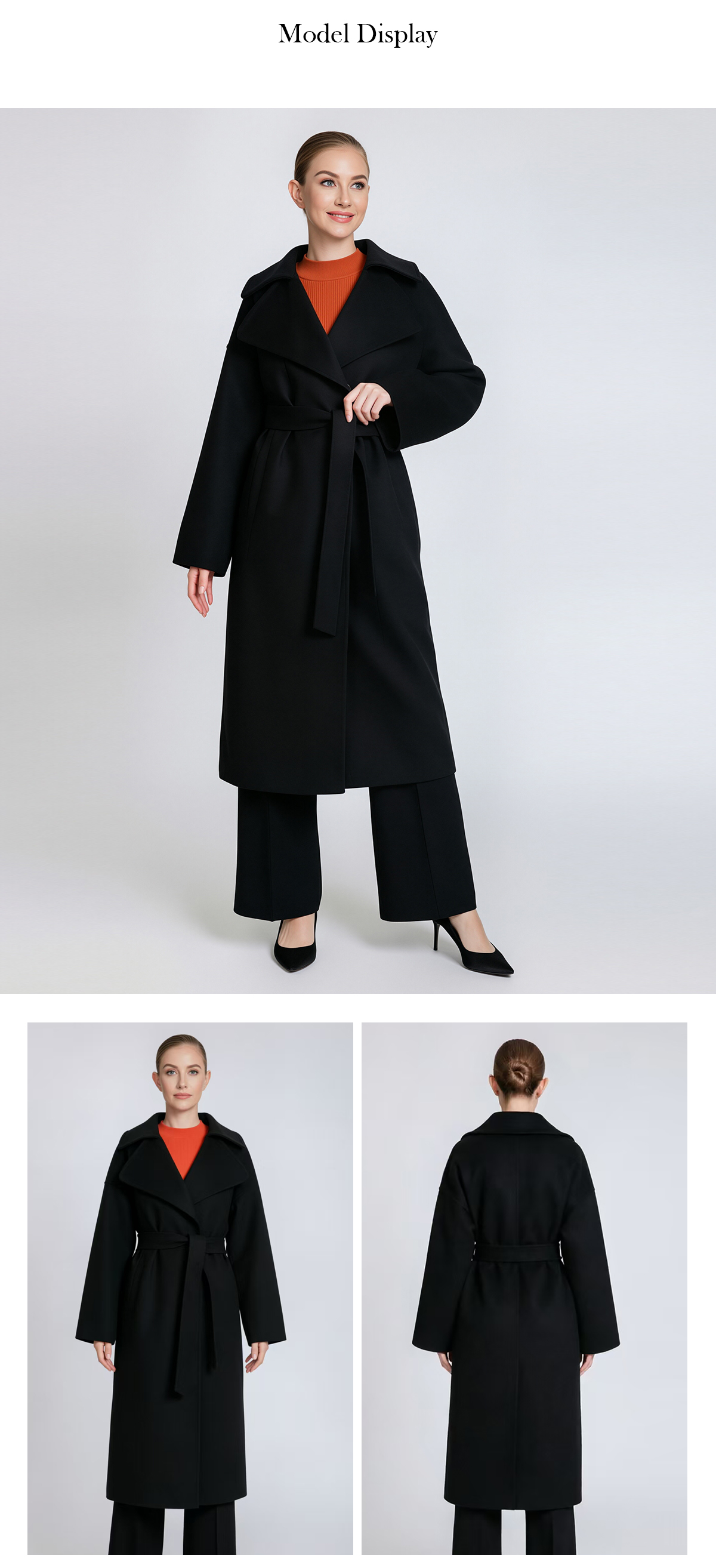 Women's Belted Long Cashmere Coat with Lapel Collar