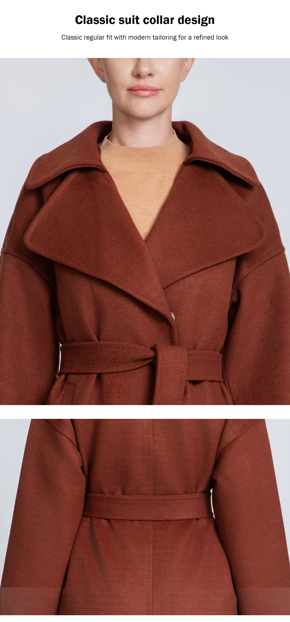 Women's Belted Long Cashmere Coat with Lapel Collar