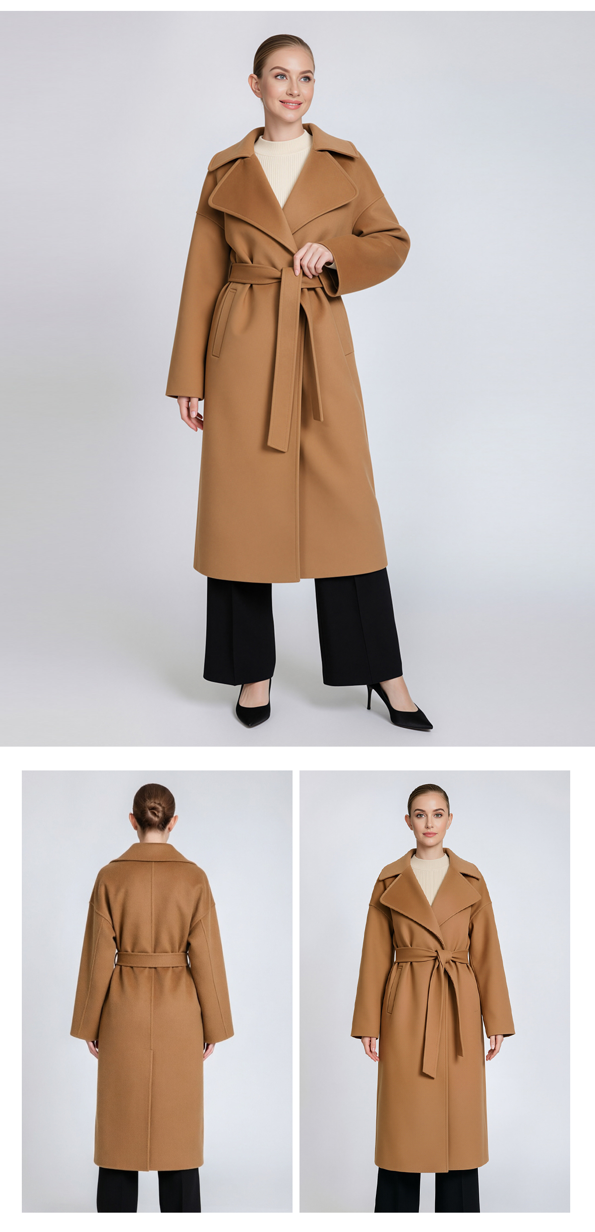 Women's Belted Long Cashmere Coat with Lapel Collar