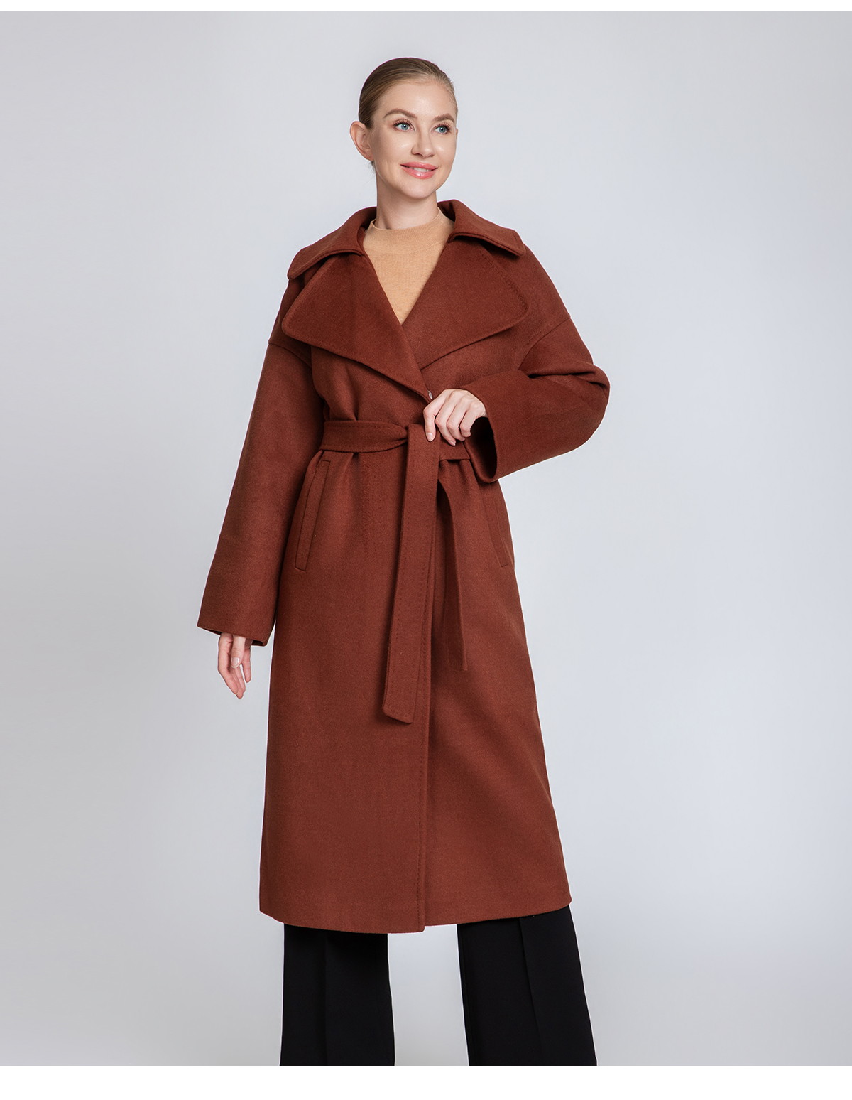 Women's Belted Long Cashmere Coat with Lapel Collar
