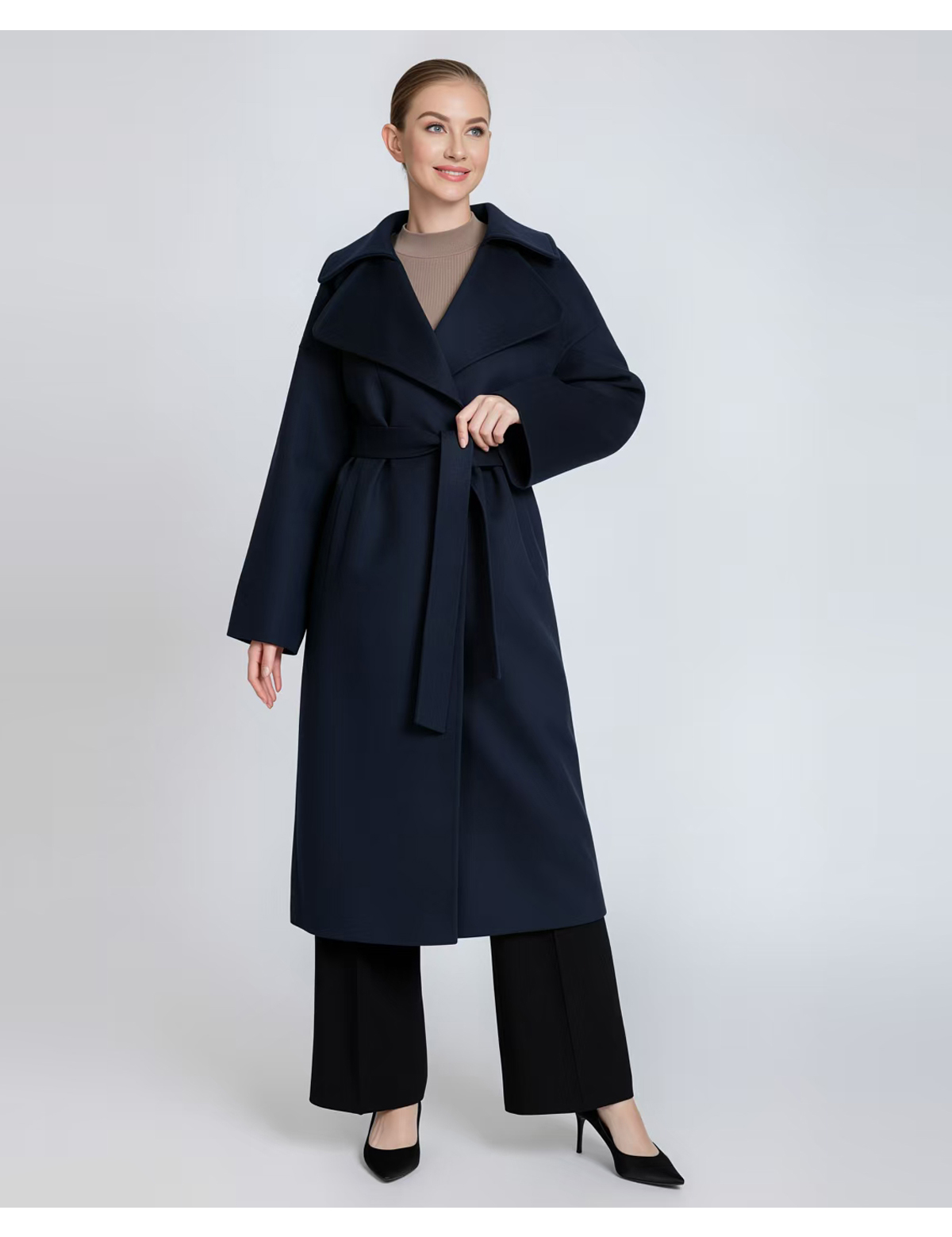 Women's Belted Long Cashmere Coat with Lapel Collar