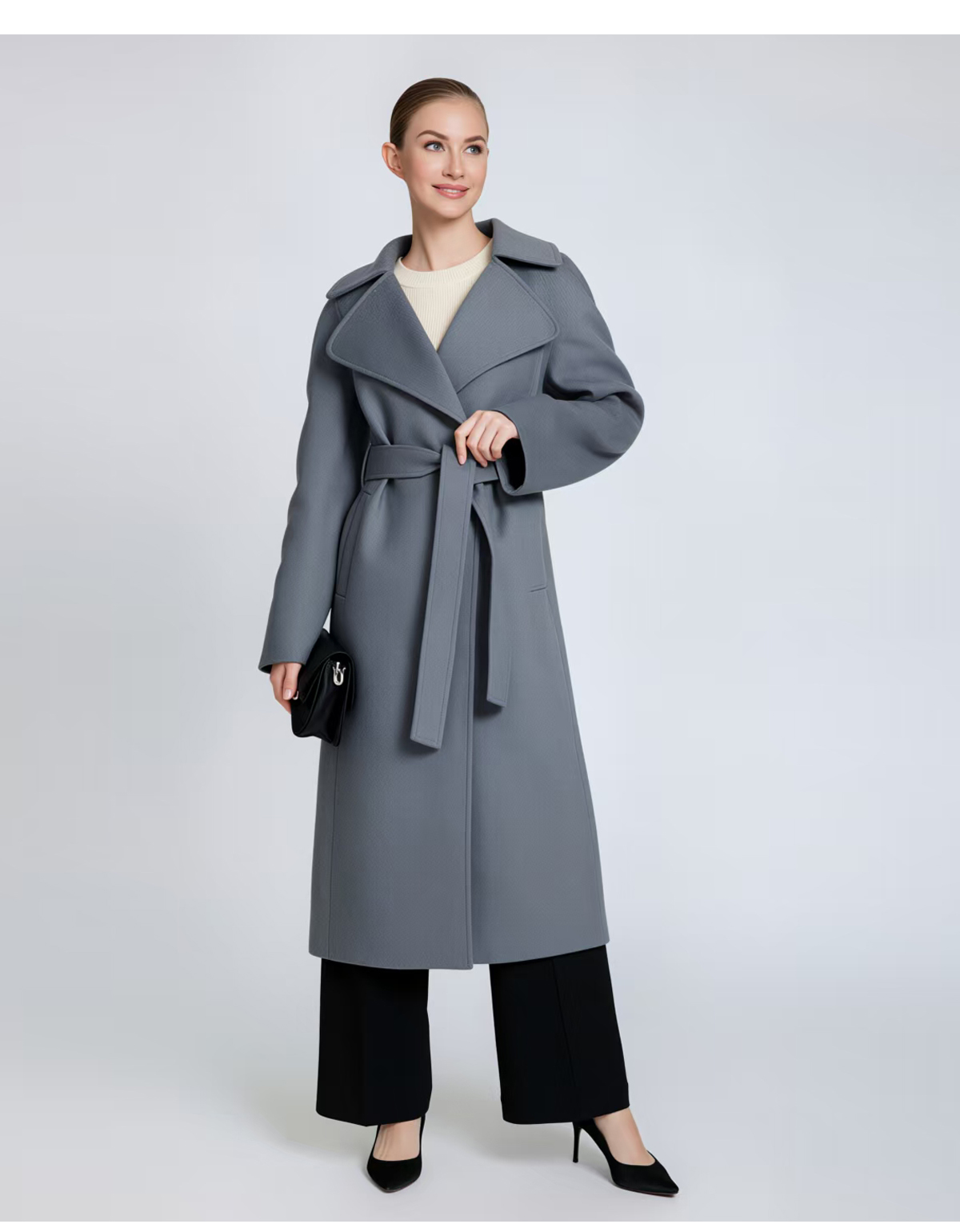 Women's Belted Long Cashmere Coat with Lapel Collar