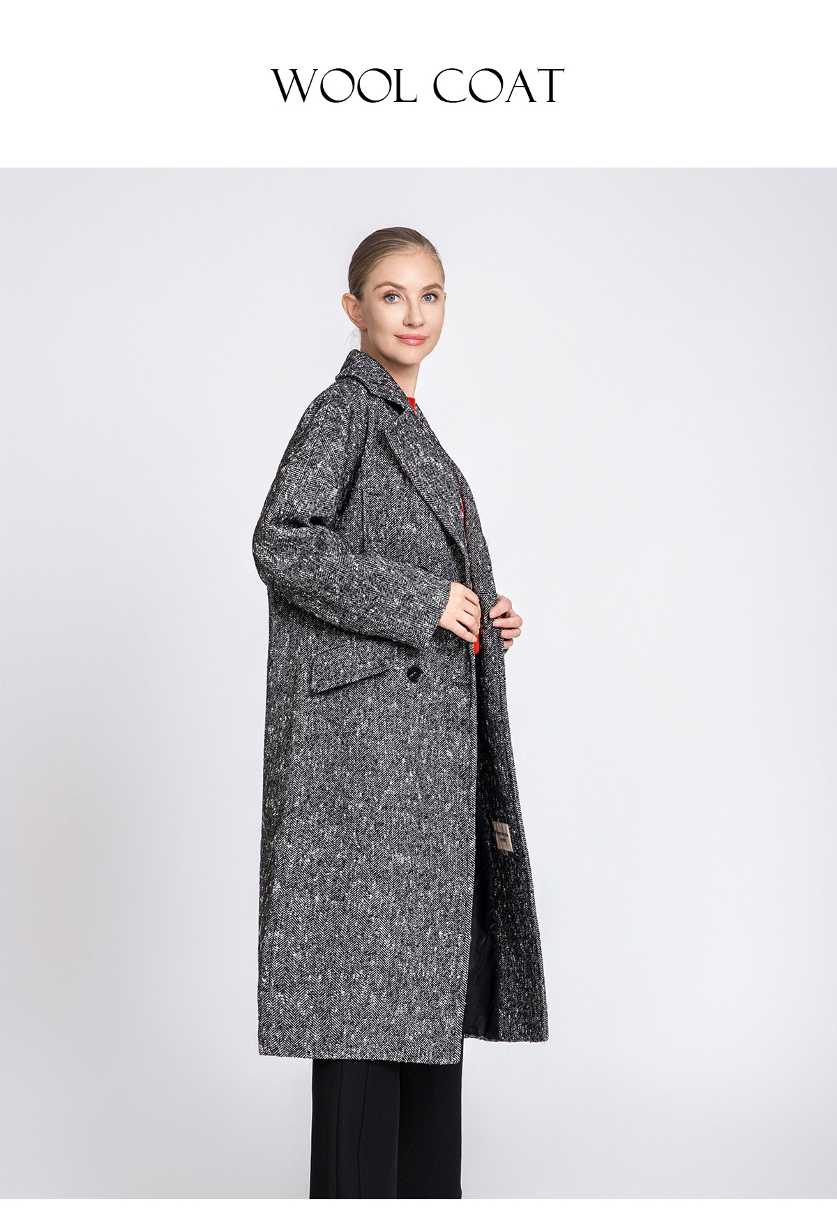 Women's Herringbone Long Wool Coat with Double-Breasted Closure