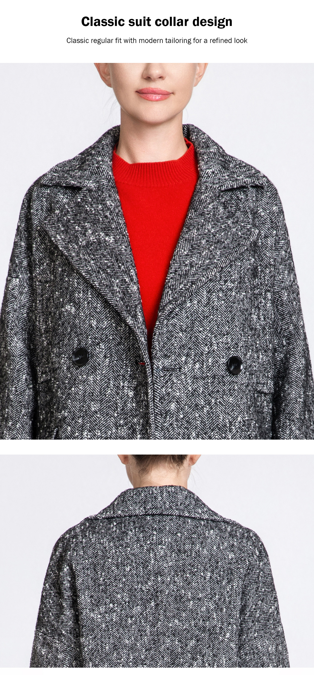 Women's Herringbone Long Wool Coat with Double-Breasted Closure