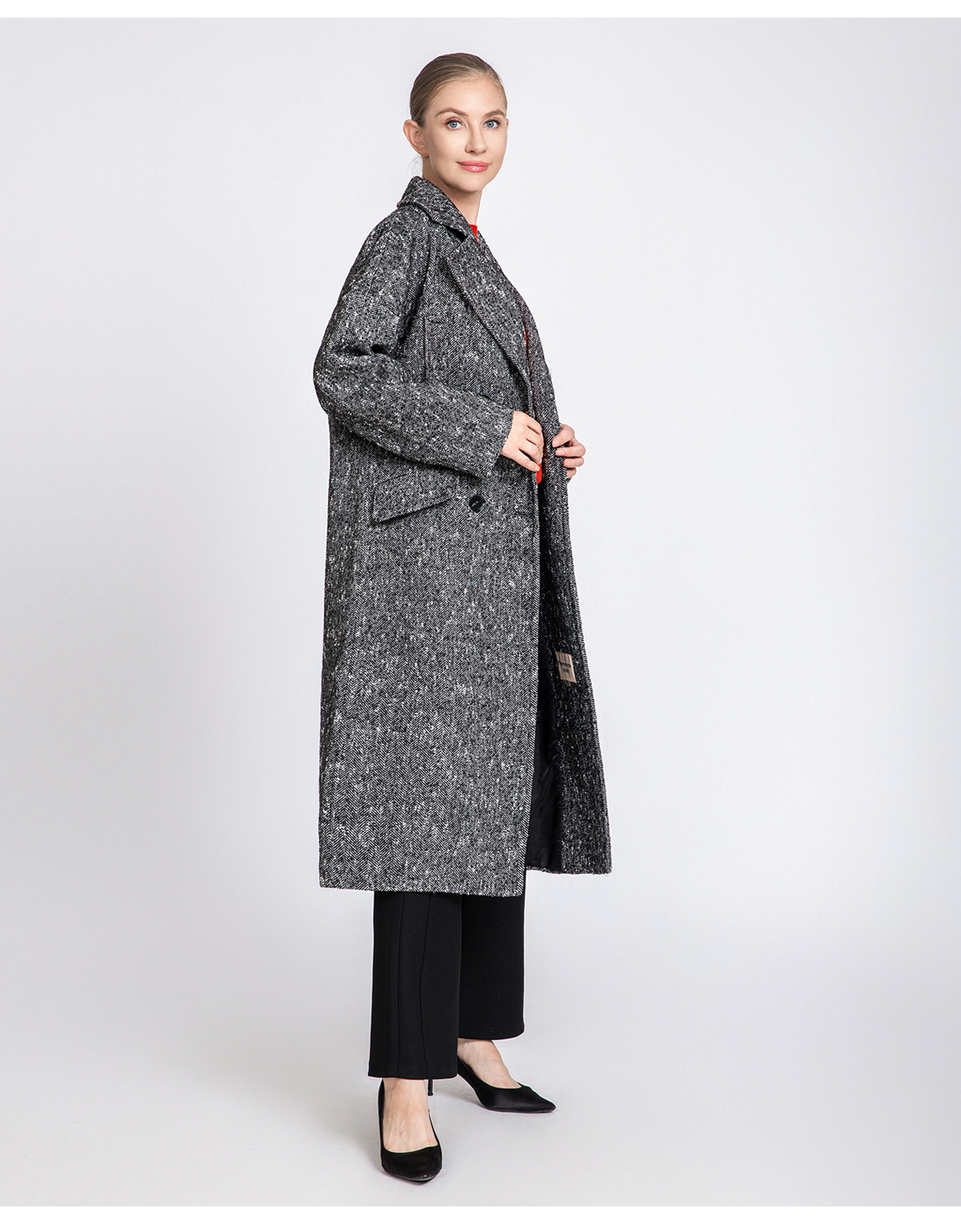 Women's Herringbone Long Wool Coat with Double-Breasted Closure