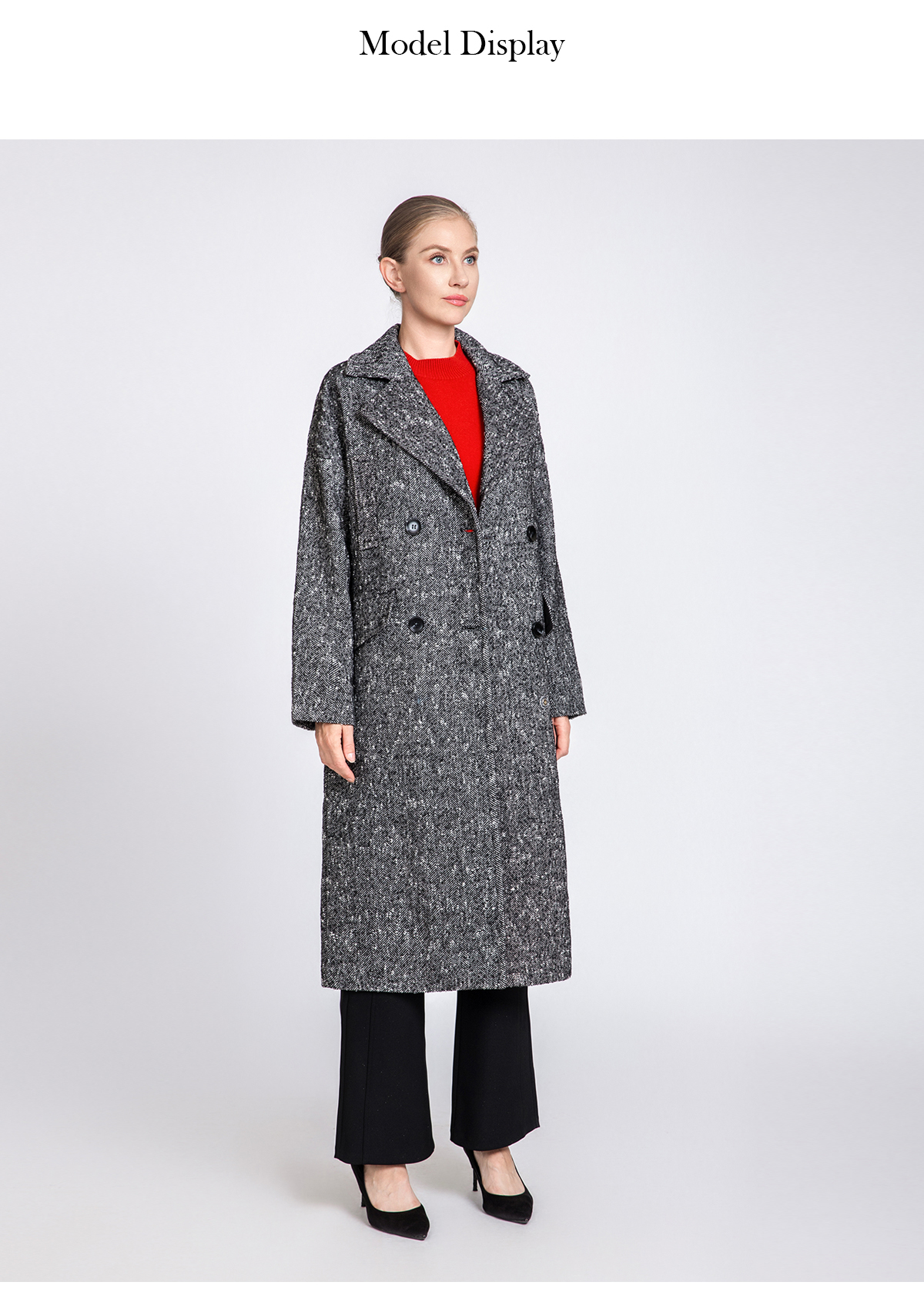 Women's Herringbone Long Wool Coat with Double-Breasted Closure