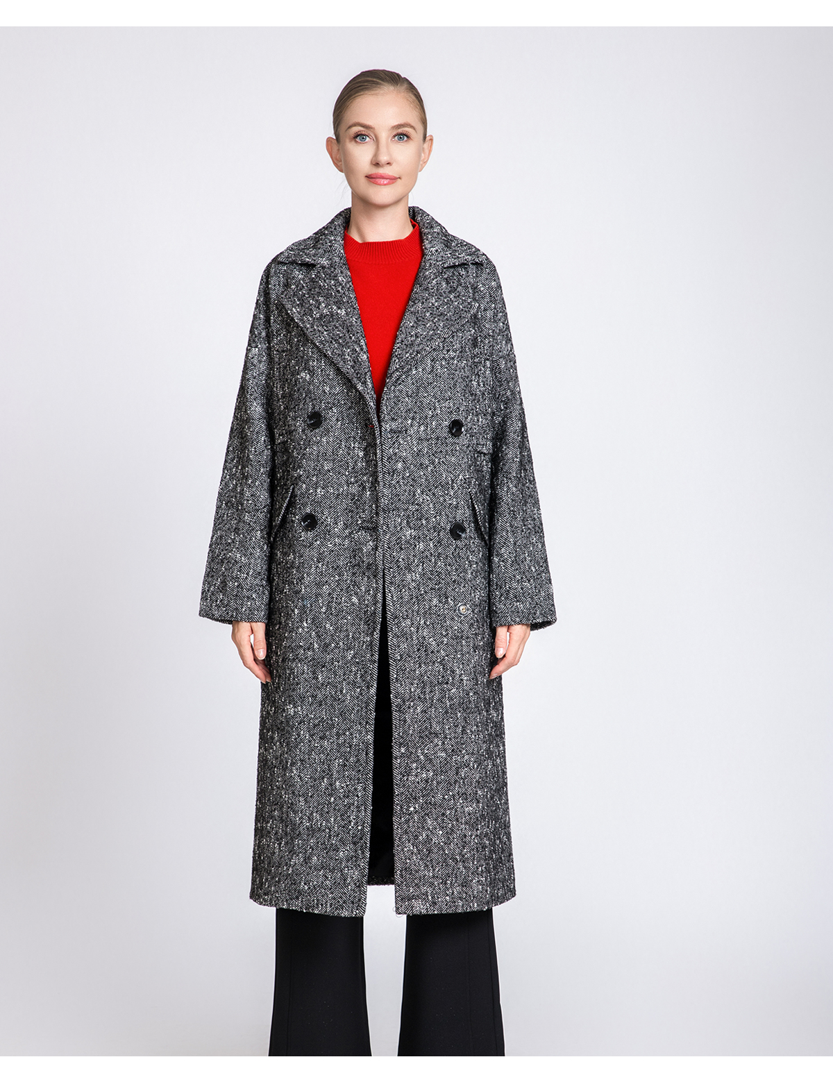 Women's Herringbone Long Wool Coat with Double-Breasted Closure