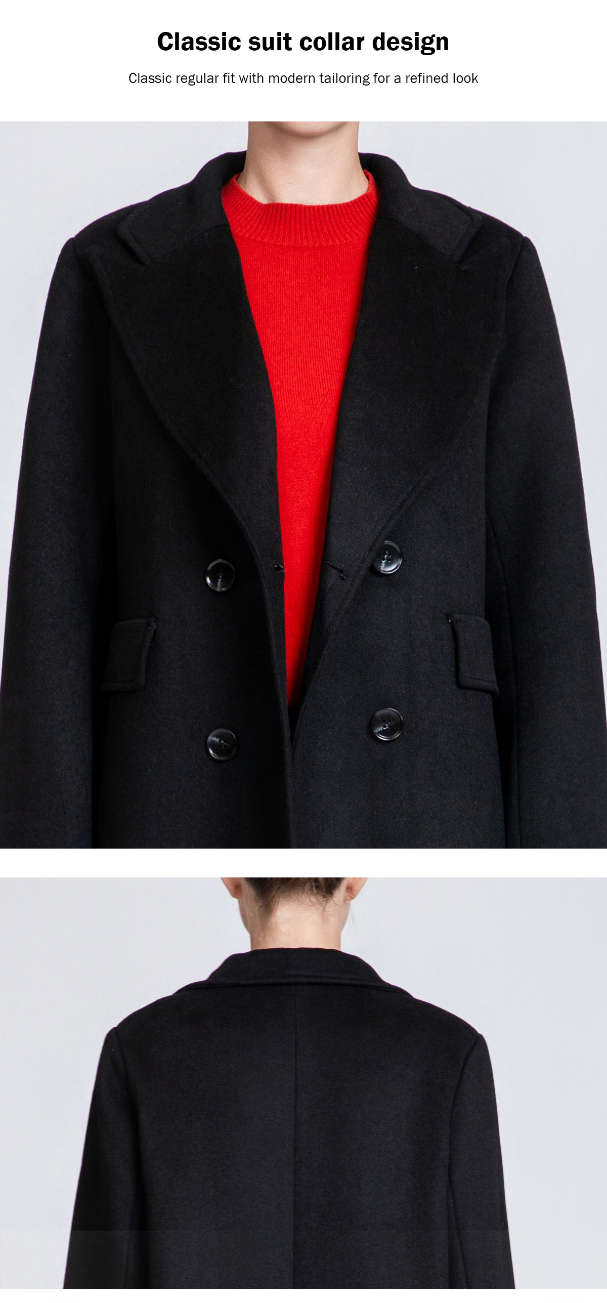 Women's Oversized Lapel Long Wool Coat with Double-Breasted Closure