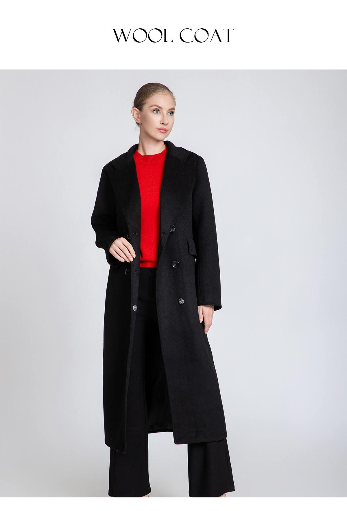 Women's Oversized Lapel Long Wool Coat with Double-Breasted Closure