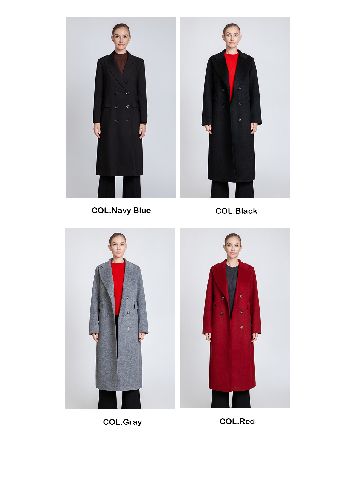 Women's Oversized Lapel Long Wool Coat with Double-Breasted Closure