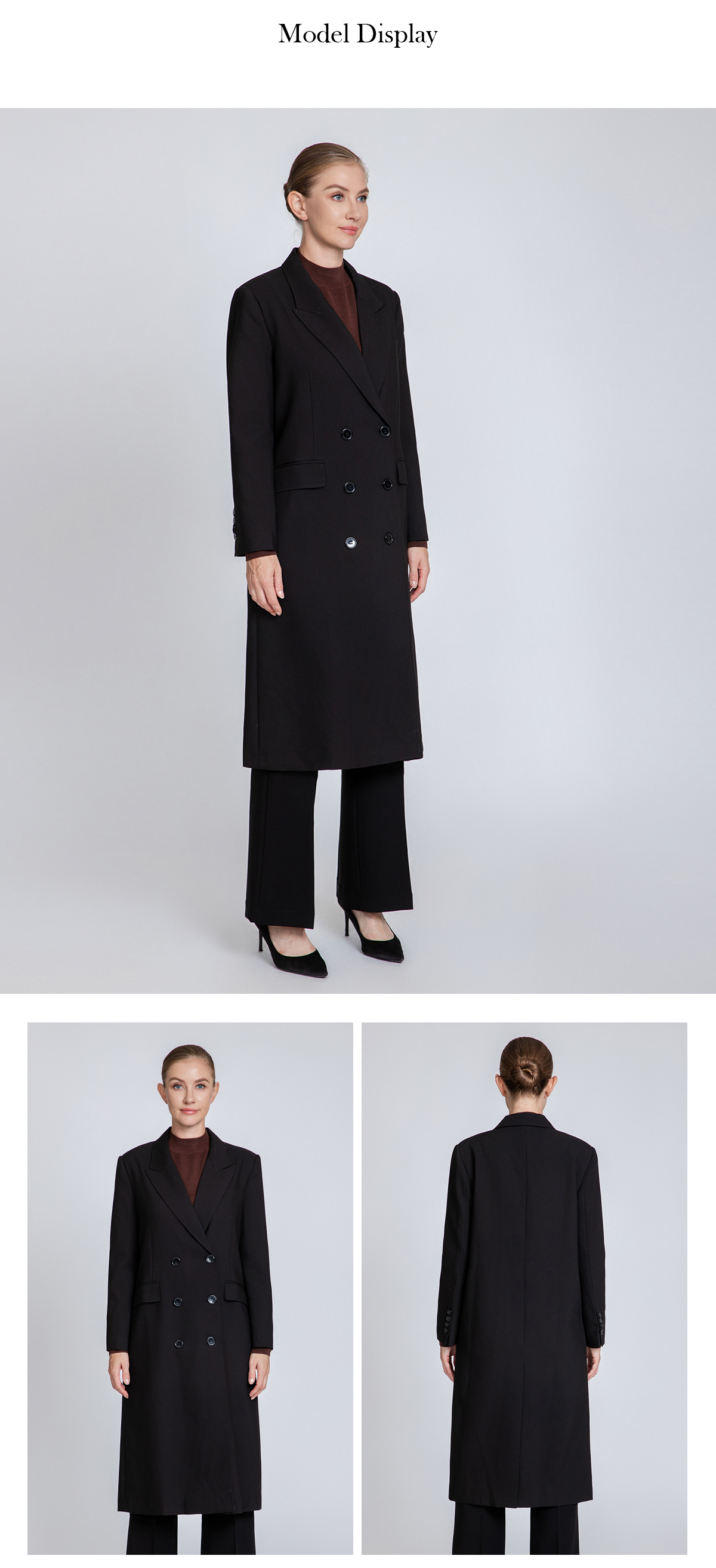Women's Oversized Lapel Long Wool Coat with Double-Breasted Closure