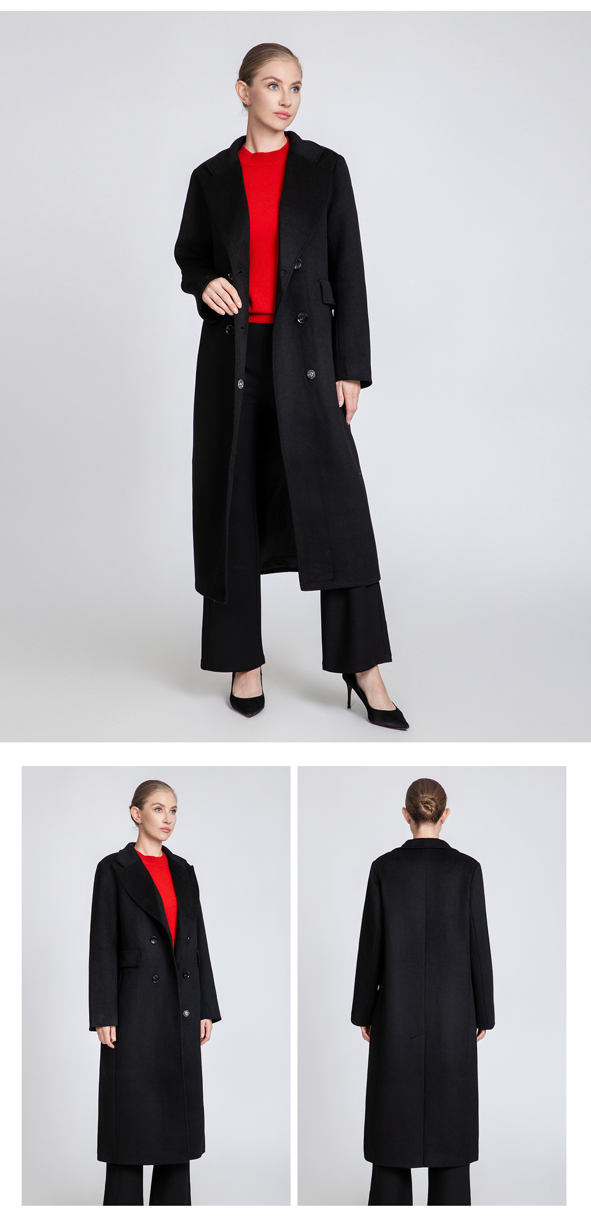 Women's Oversized Lapel Long Wool Coat with Double-Breasted Closure