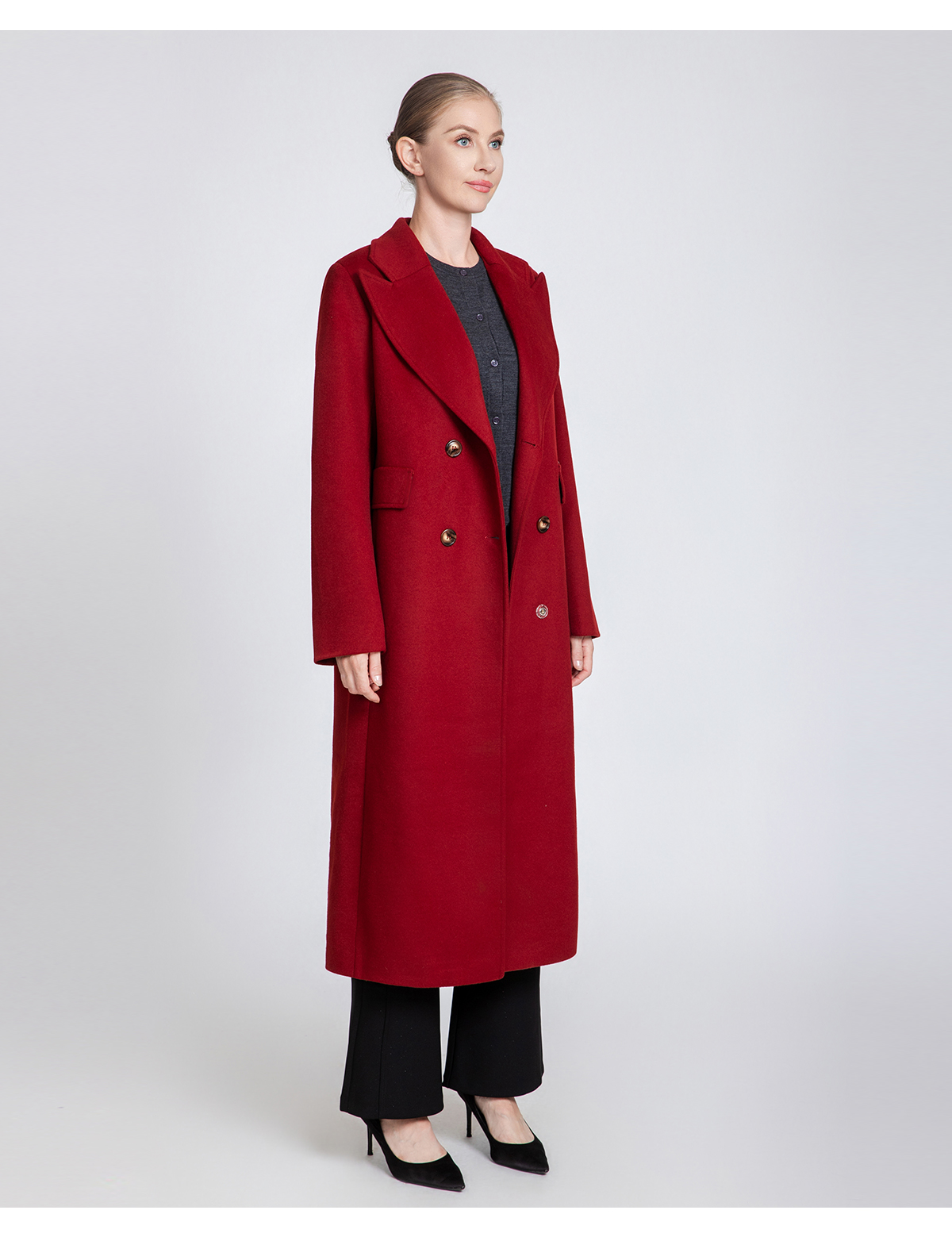 Women's Oversized Lapel Long Wool Coat with Double-Breasted Closure